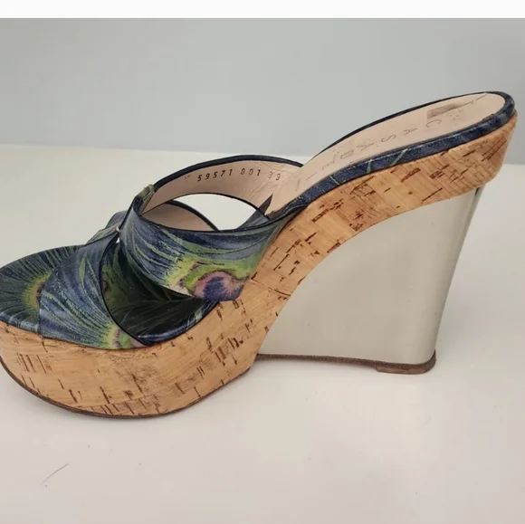 Casadei Italian Blue And Green Wedge Sandals - Picture 2 of 12